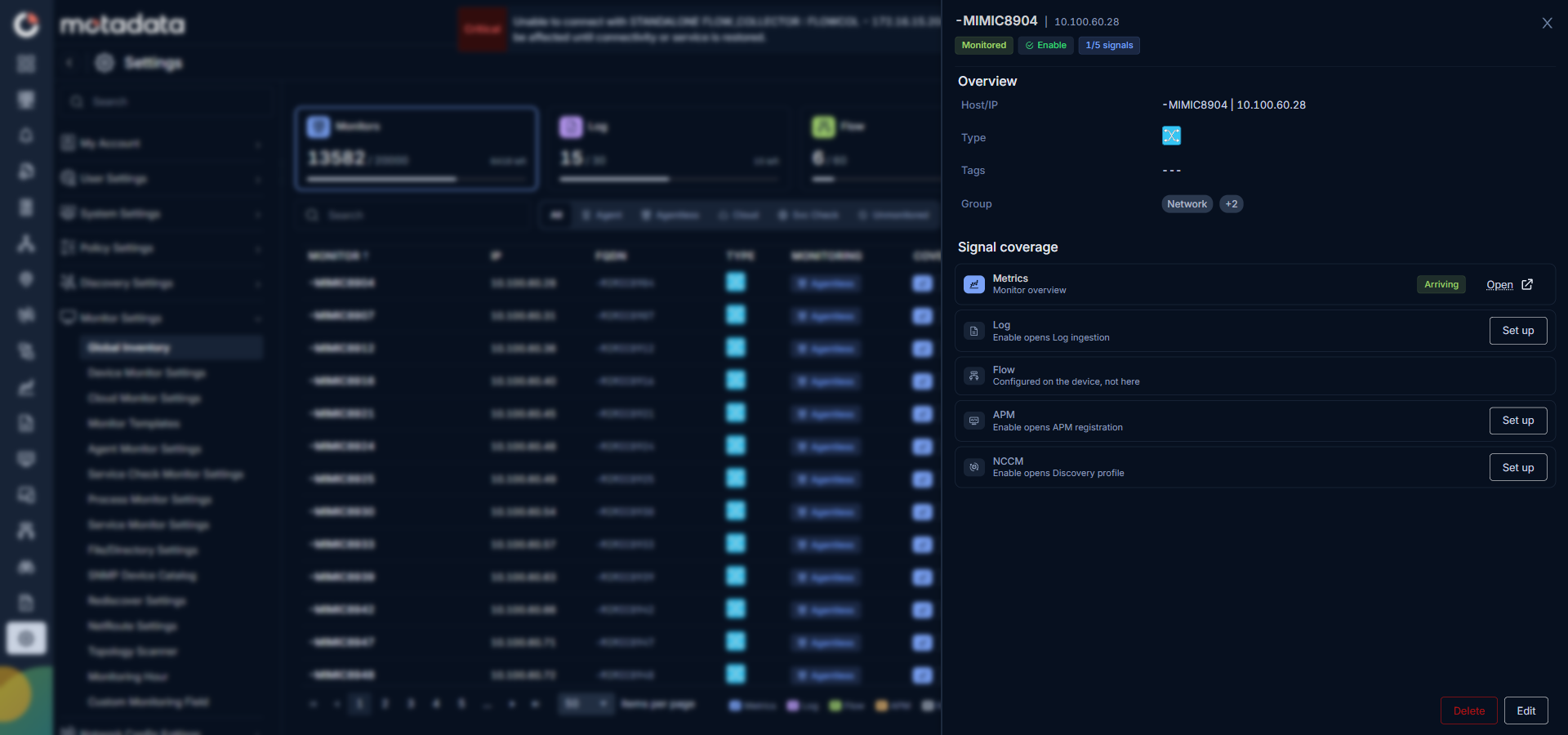 Drill-down panel for a monitored asset showing Overview, Signal coverage with Metrics arriving, and Set up buttons for Log, APM, and NCCM