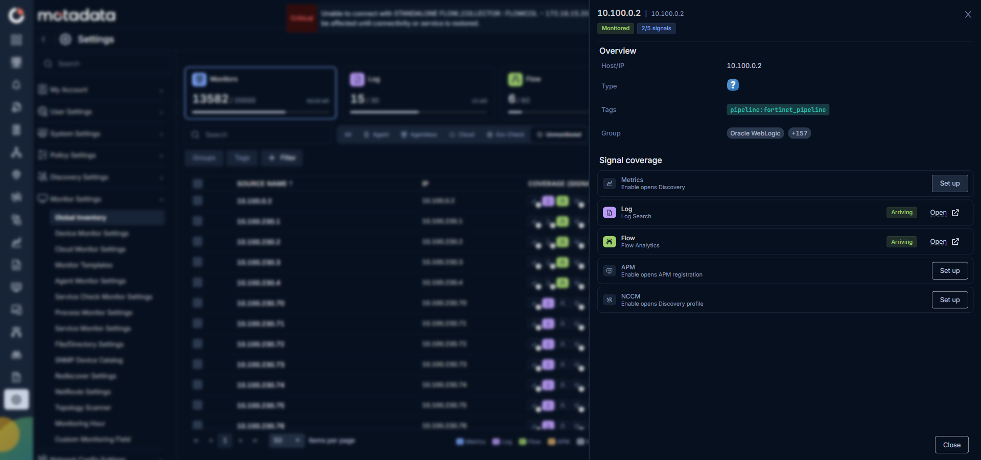 Drill-down panel for an unmonitored source showing Metrics as a coverage gap while Log and Flow are already arriving