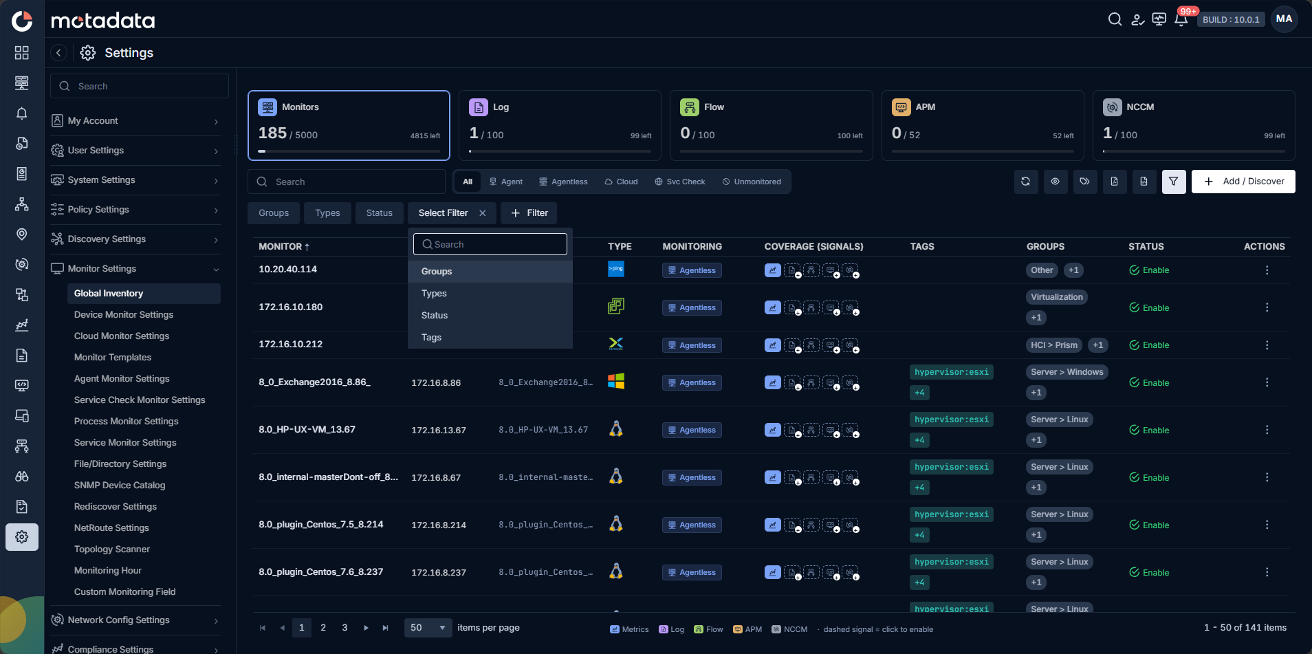 Filter dropdown above the grid showing Groups, Types, Status, and Tags filter options