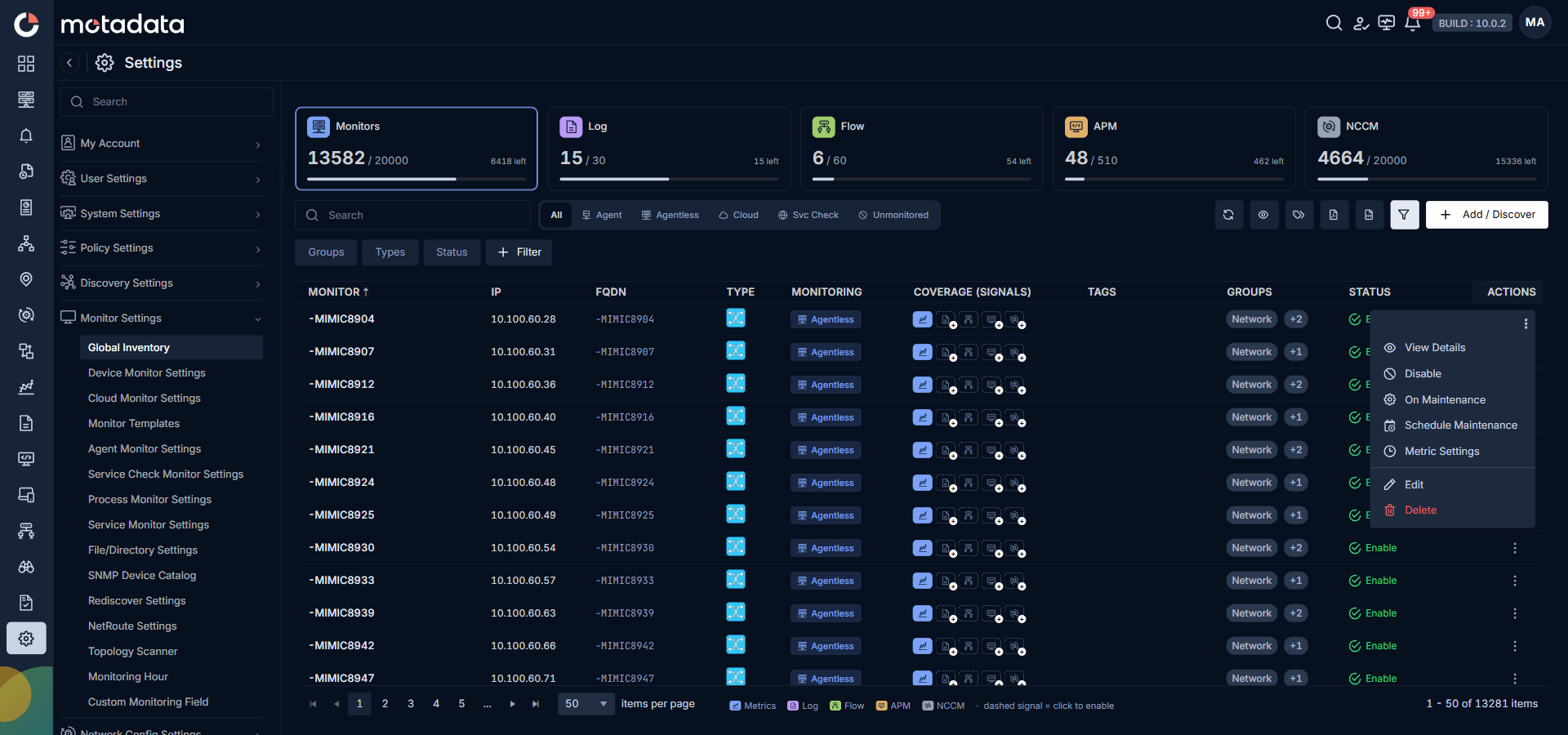 Row-level actions menu with View Details, Disable, On Maintenance, Exclude from Maintenance, Metric Settings, Edit, and Delete