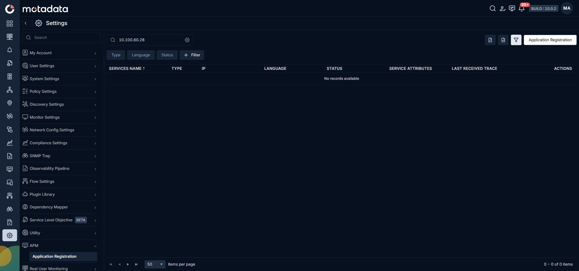 Application Registration screen opened from the APM Set up button, pre-filtered by the asset IP with an empty result set ready for a new registration