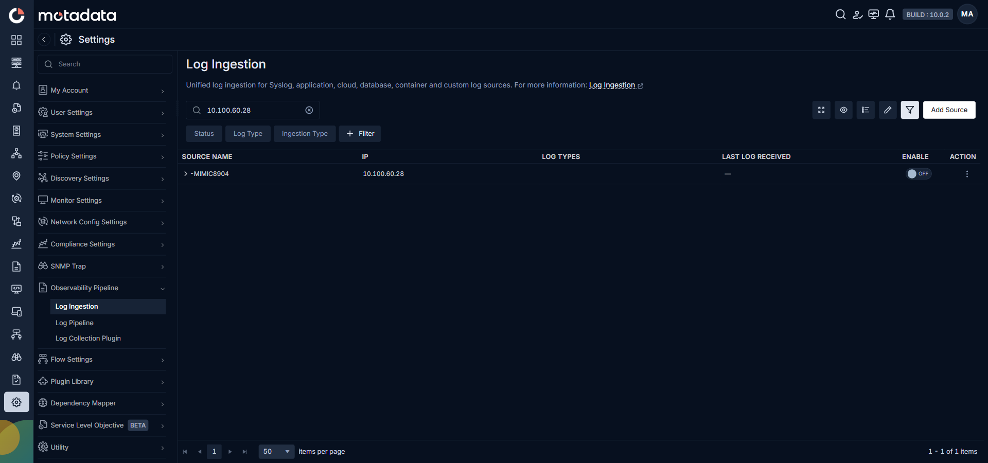 Log Ingestion screen opened from the Log Set up button, pre-filtered by the asset IP 10.100.60.28