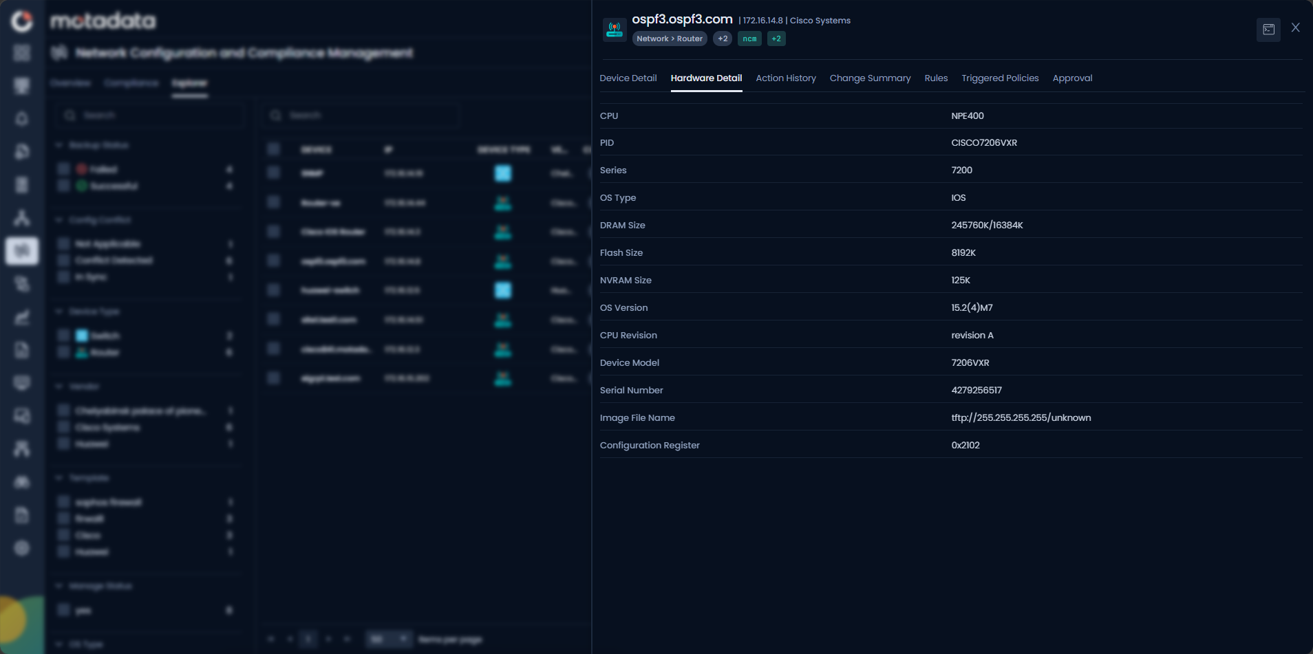 Hardware Detail tab showing CPU, PID, Series, OS Type, DRAM Size, Flash Size, NVRAM Size, OS Version, CPU Revision, Device Model, Serial Number, Image File Name, and Configuration Register for the selected NCCM device