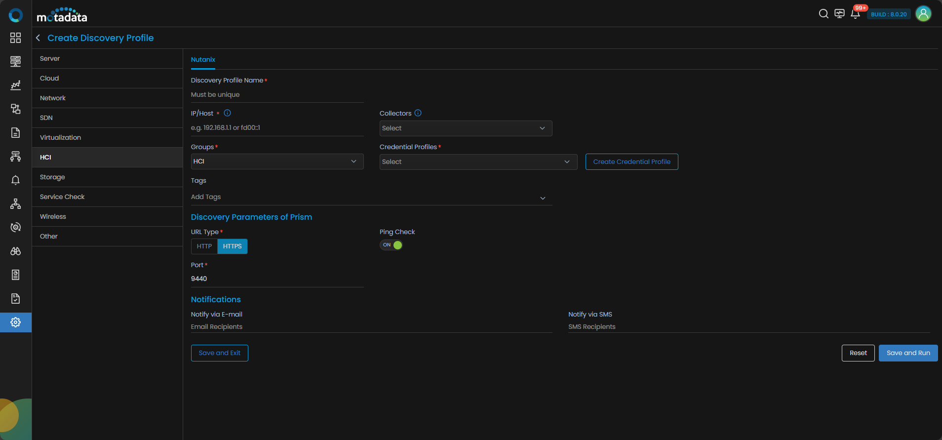 Discovery Profile form with HCI category selected showing Nutanix fields