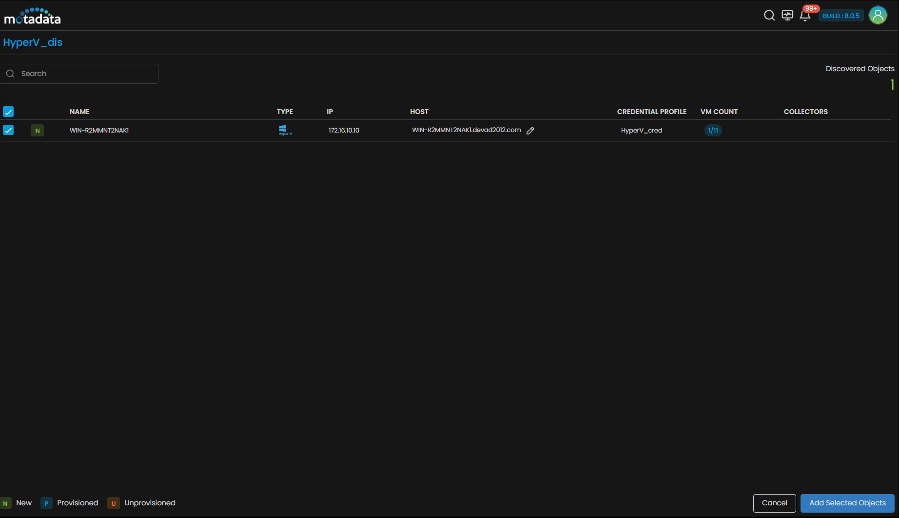 Discovery run in progress for Hyper-V hosts