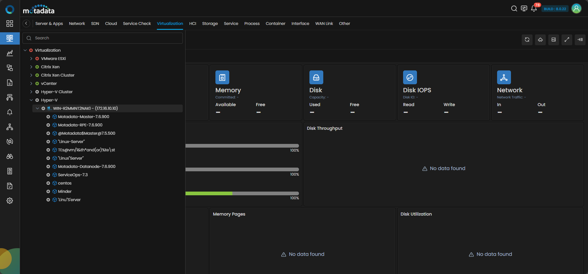 Monitor navigation panel with Virtualization category selected showing Hyper-V monitors