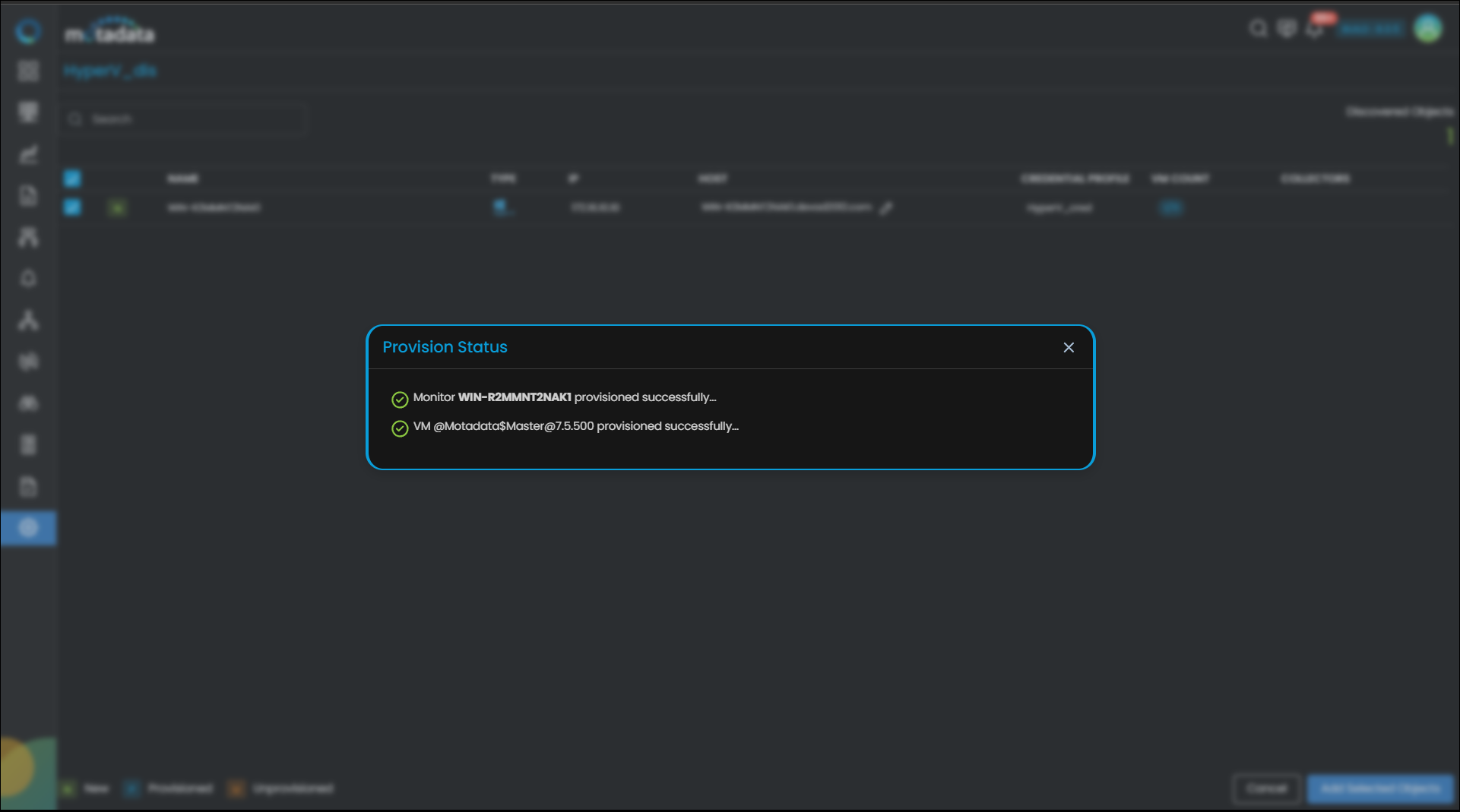 Provisioning screen showing discovered Hyper-V hosts with checkboxes to select