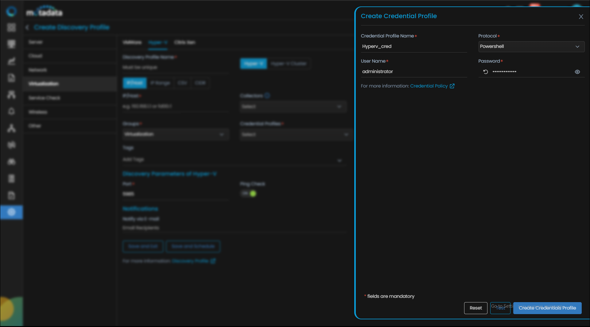 Create Credential Profile form with Powershell protocol selected for Hyper-V