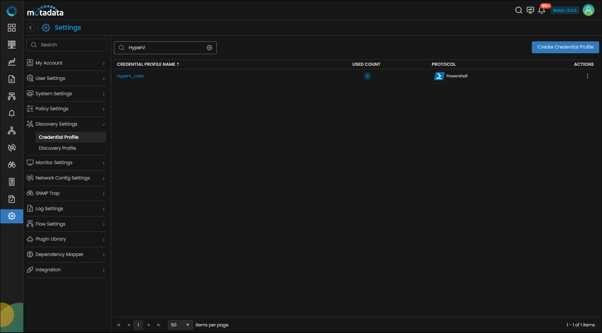 Credential Profile list showing the newly created Hyper-V profile