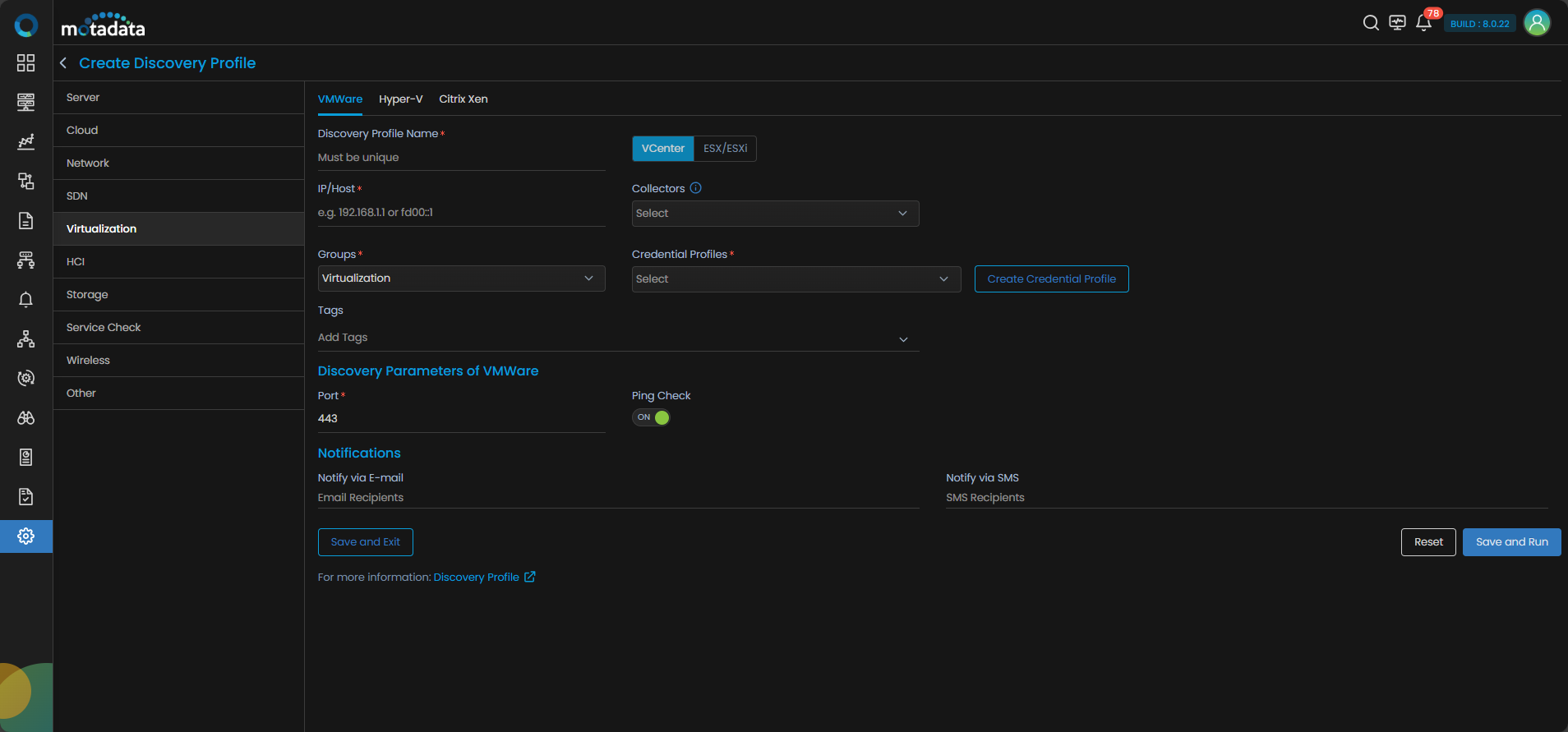Discovery Profile form with Hyper-V discovery fields visible