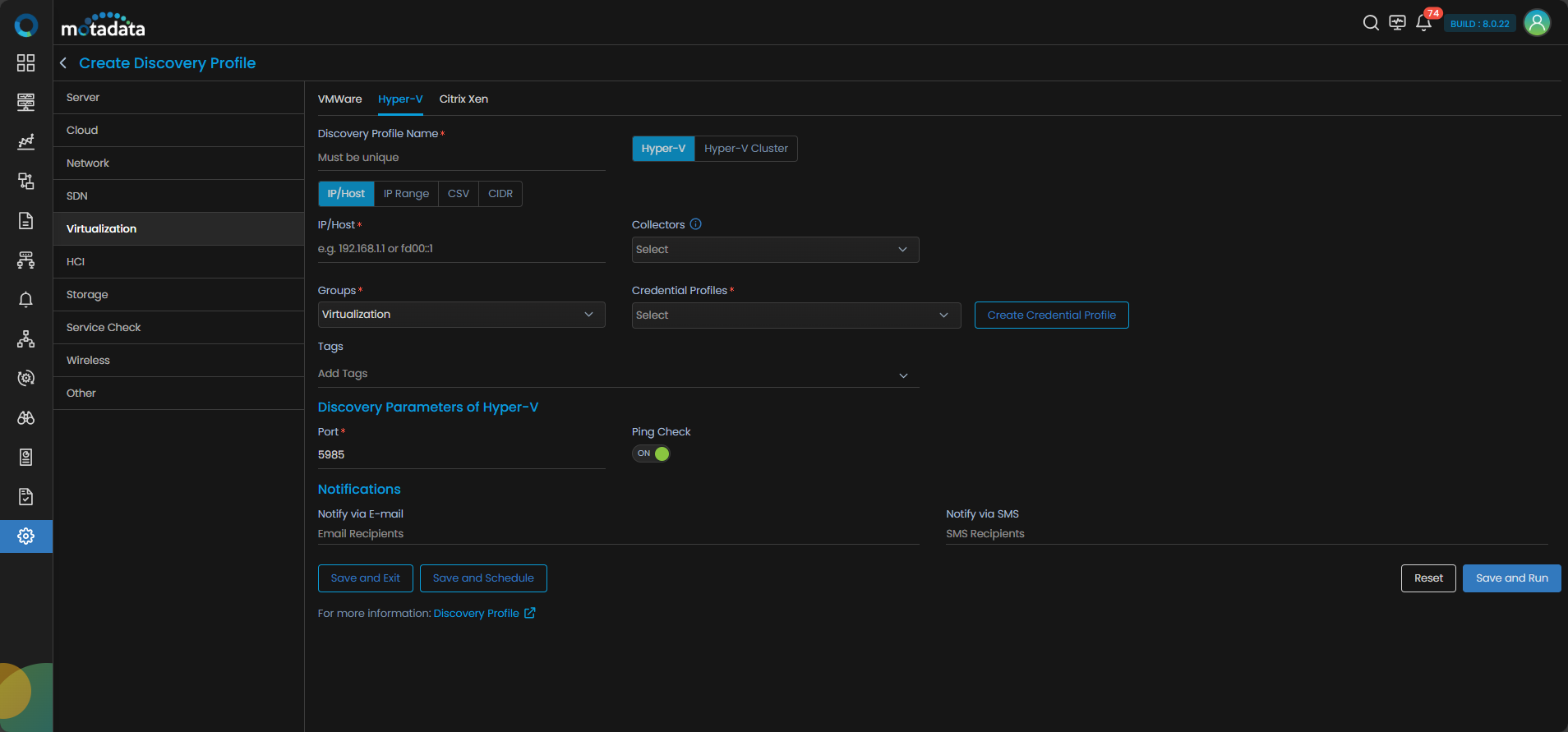 Discovery Profile form with Hyper-V Cluster discovery fields visible