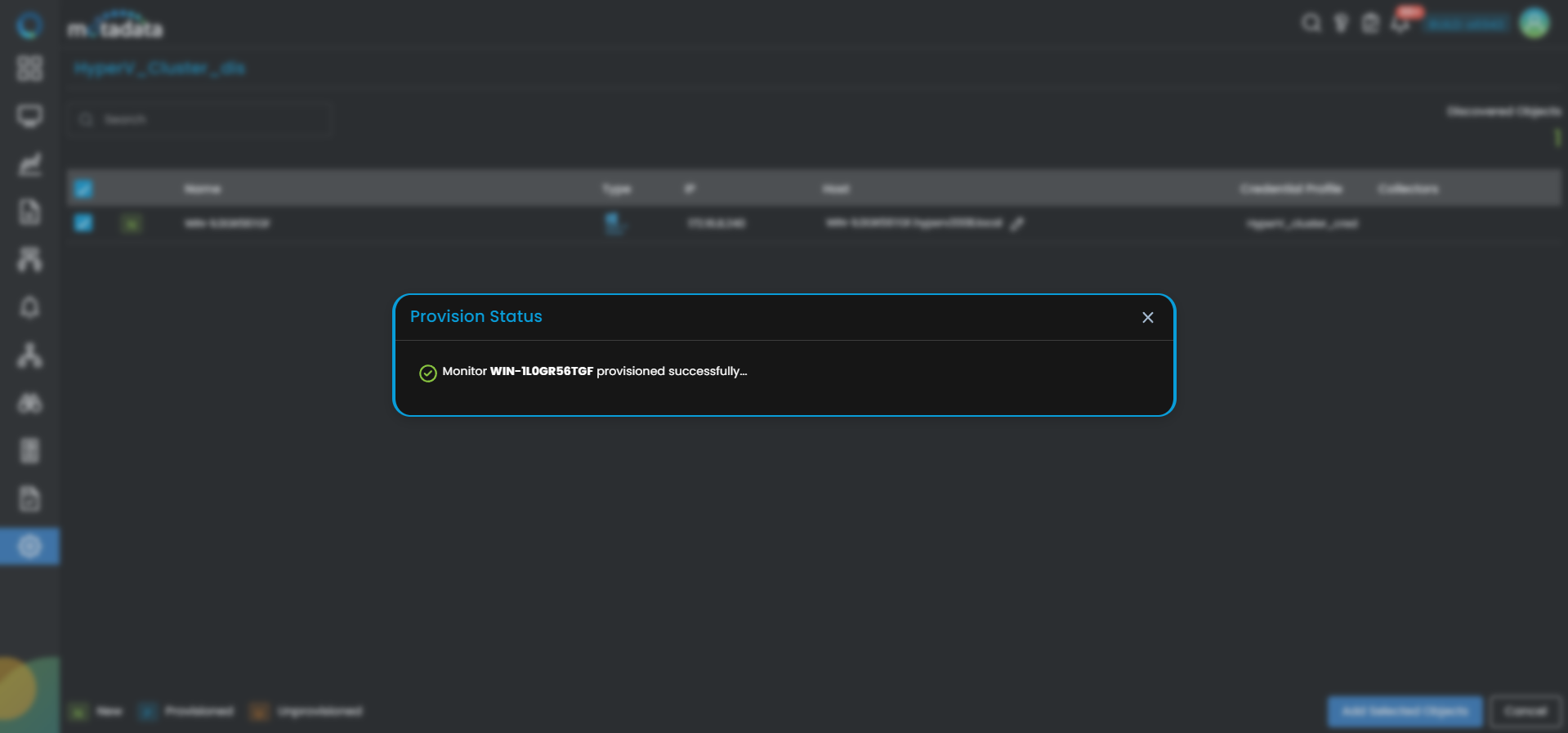 Provisioning screen showing Hyper-V Cluster components across three tabs