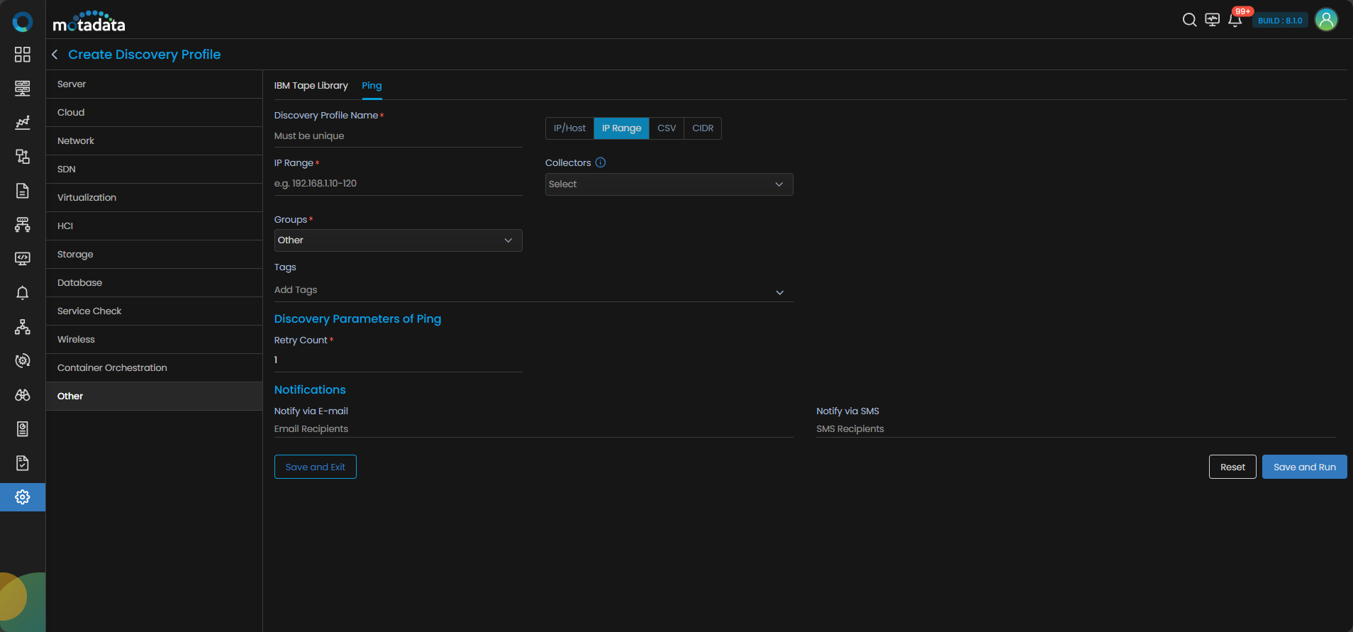 Discovery Profile form with IP Range fields for Ping discovery