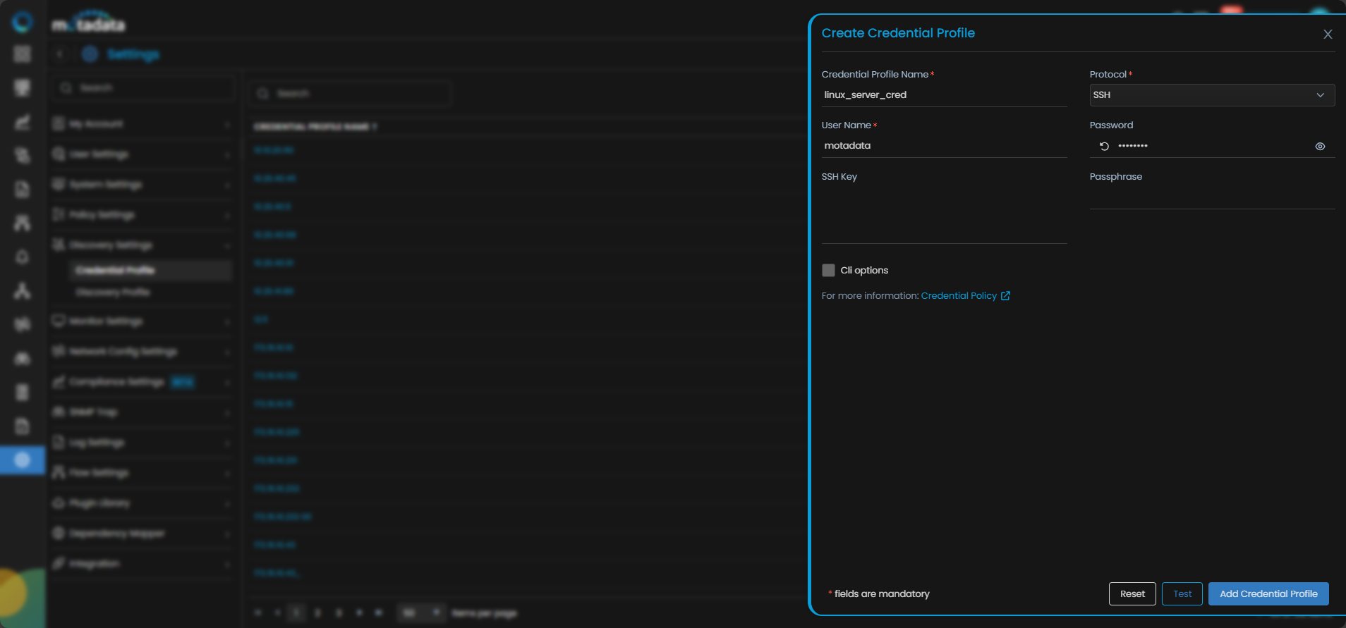 Create Credential Profile form with SSH protocol selected