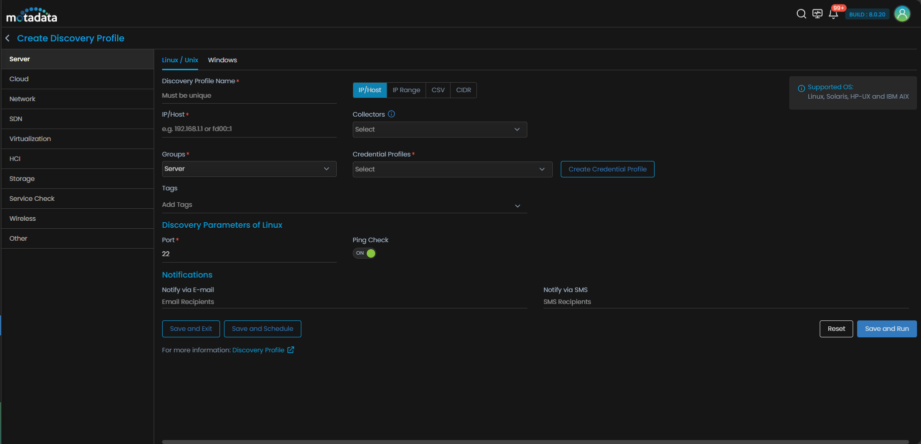 Discovery Profile form with Linux/Unix server fields visible