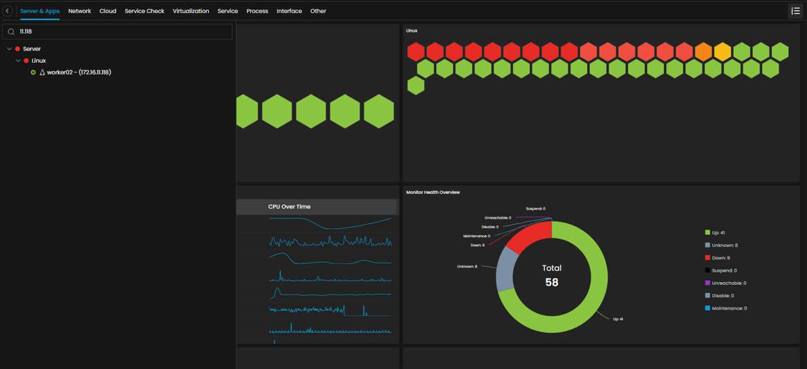 Monitor navigation panel with Server and Apps category selected showing provisioned Linux servers