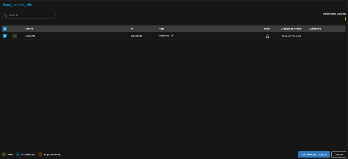 Provisioning screen showing discovered Linux servers with checkboxes to select