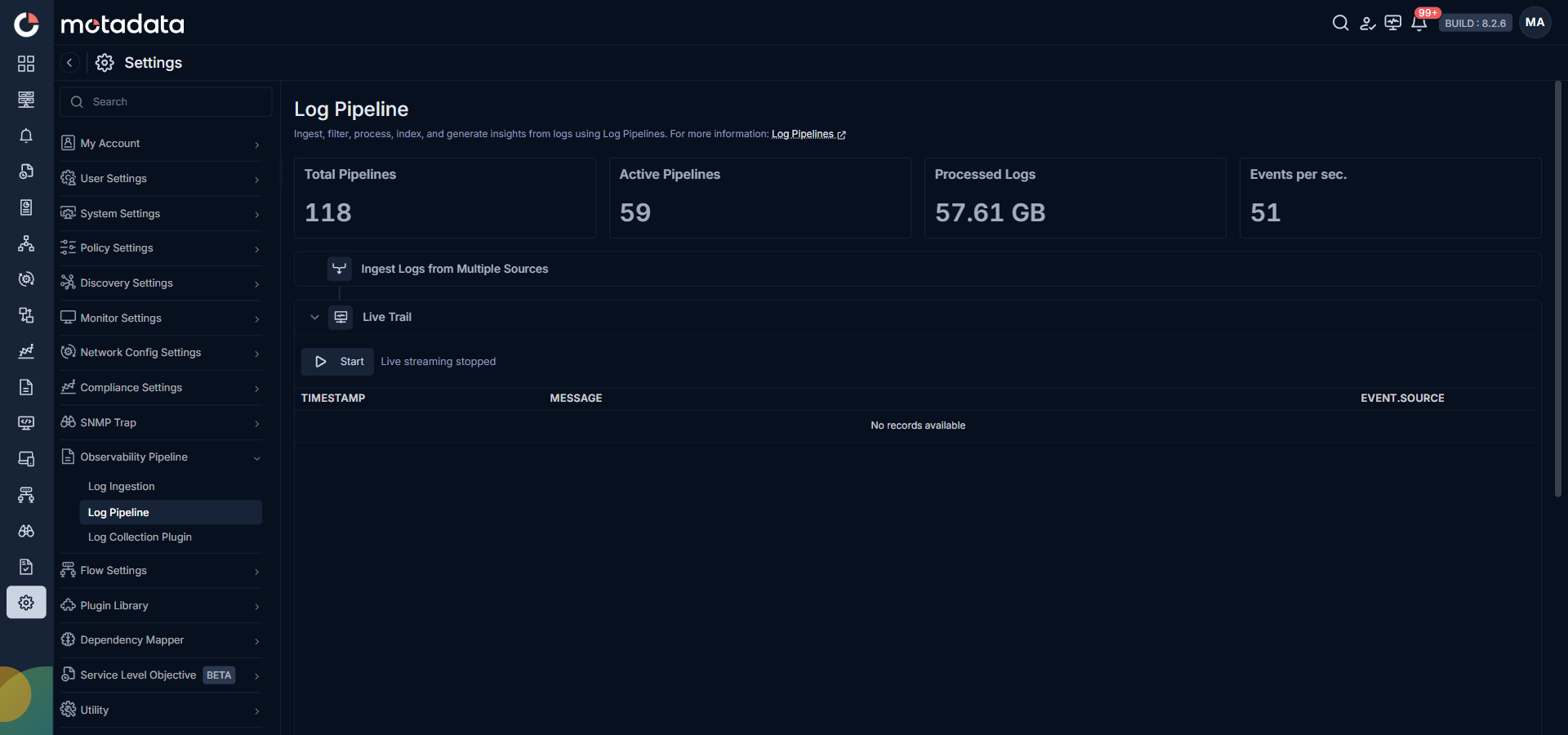 Live Trail screen showing real-time log stream with TIMESTAMP, MESSAGE, and EVENT SOURCE columns
