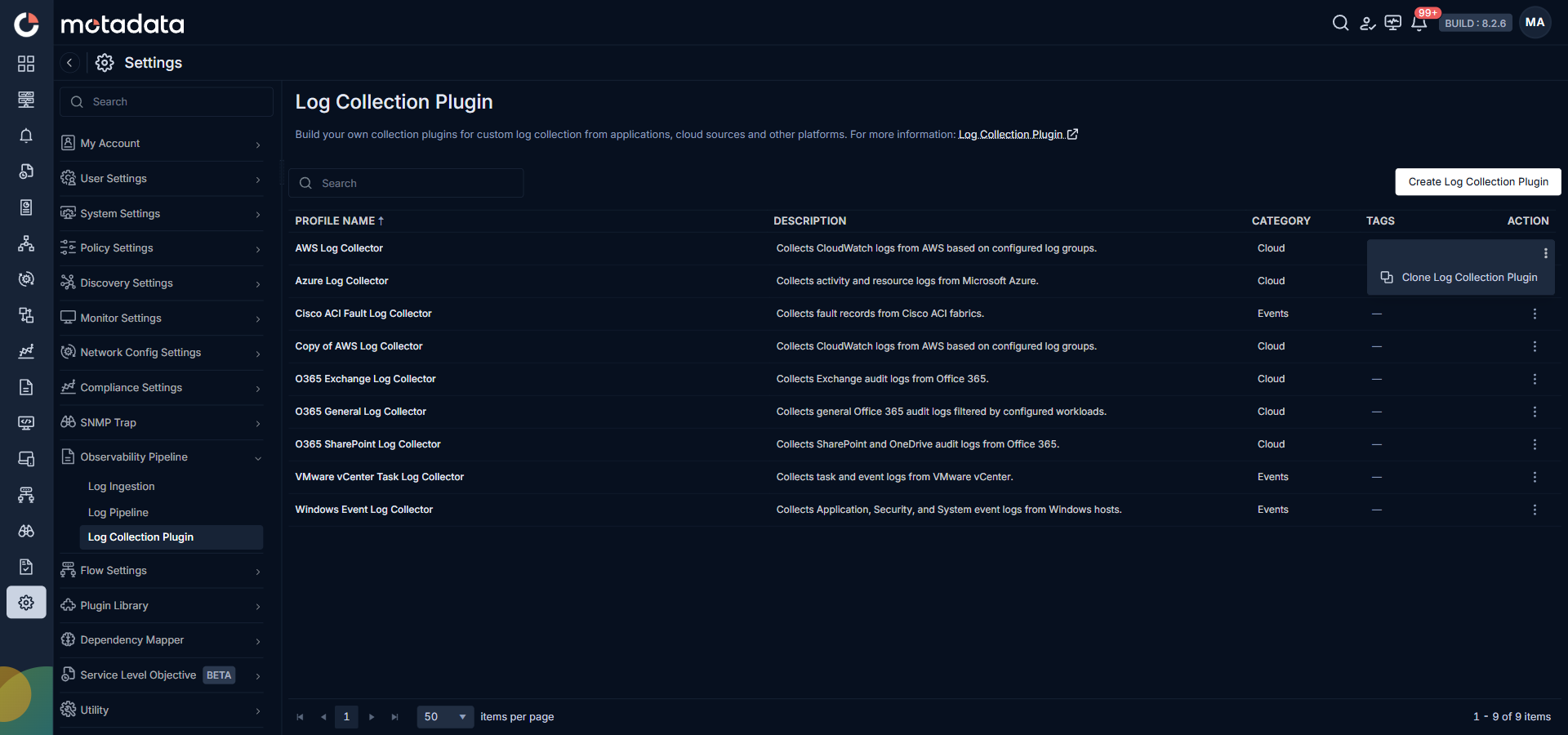 Action menu on an OOTB plugin showing Clone Log Collection Plugin