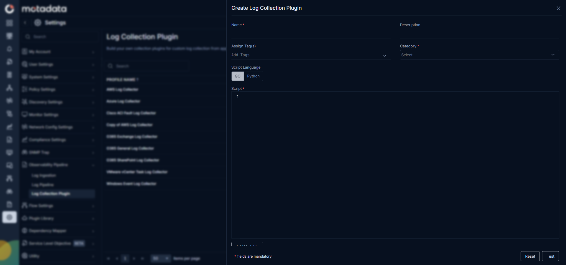 Create Log Collection Plugin form with fields for name, description, category, and script