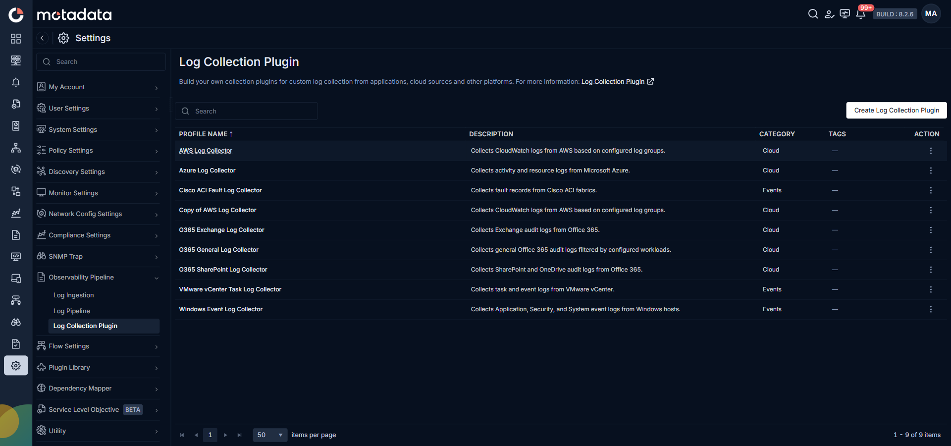 Log Collection Plugin list showing OOTB plugins for agentless log ingestion
