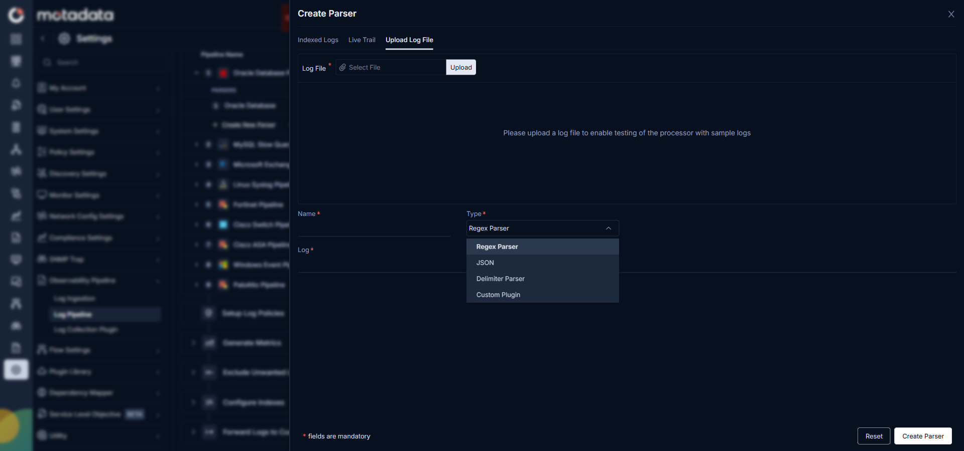 Log parser types showing Regex Parser, Delimiter Parser, Remapper, and Custom Plugin options