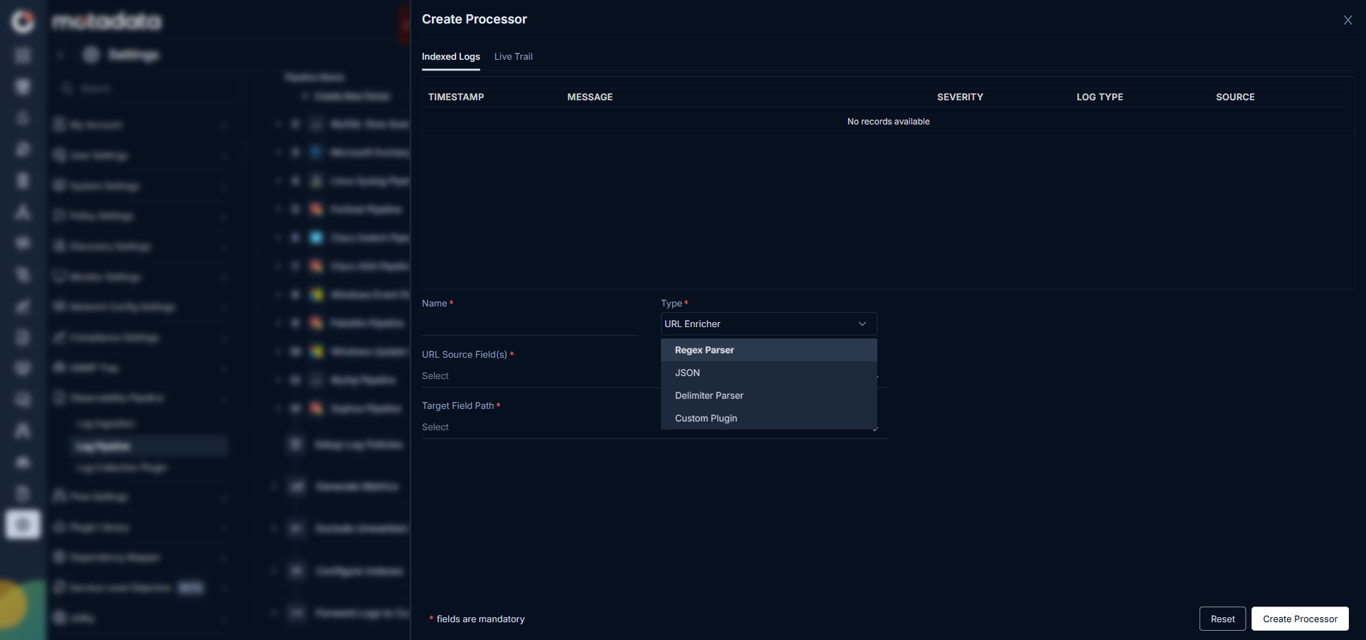 Log processor types overview showing Remapper, URL Enricher, User-Agent Enricher, Geo IP Enricher, Tag Remapper, Field Remover, Arithmetic Processor, and String Builder options