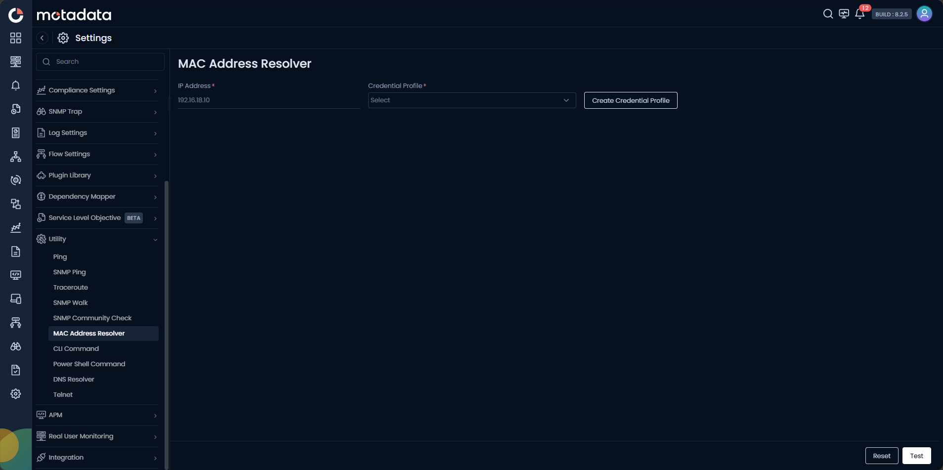 MAC Address Resolver screen showing IP Address and Credential Profile fields