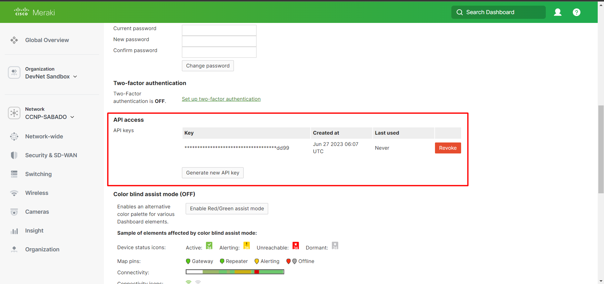 My Profile page with the API access section and Generate new API key button highlighted