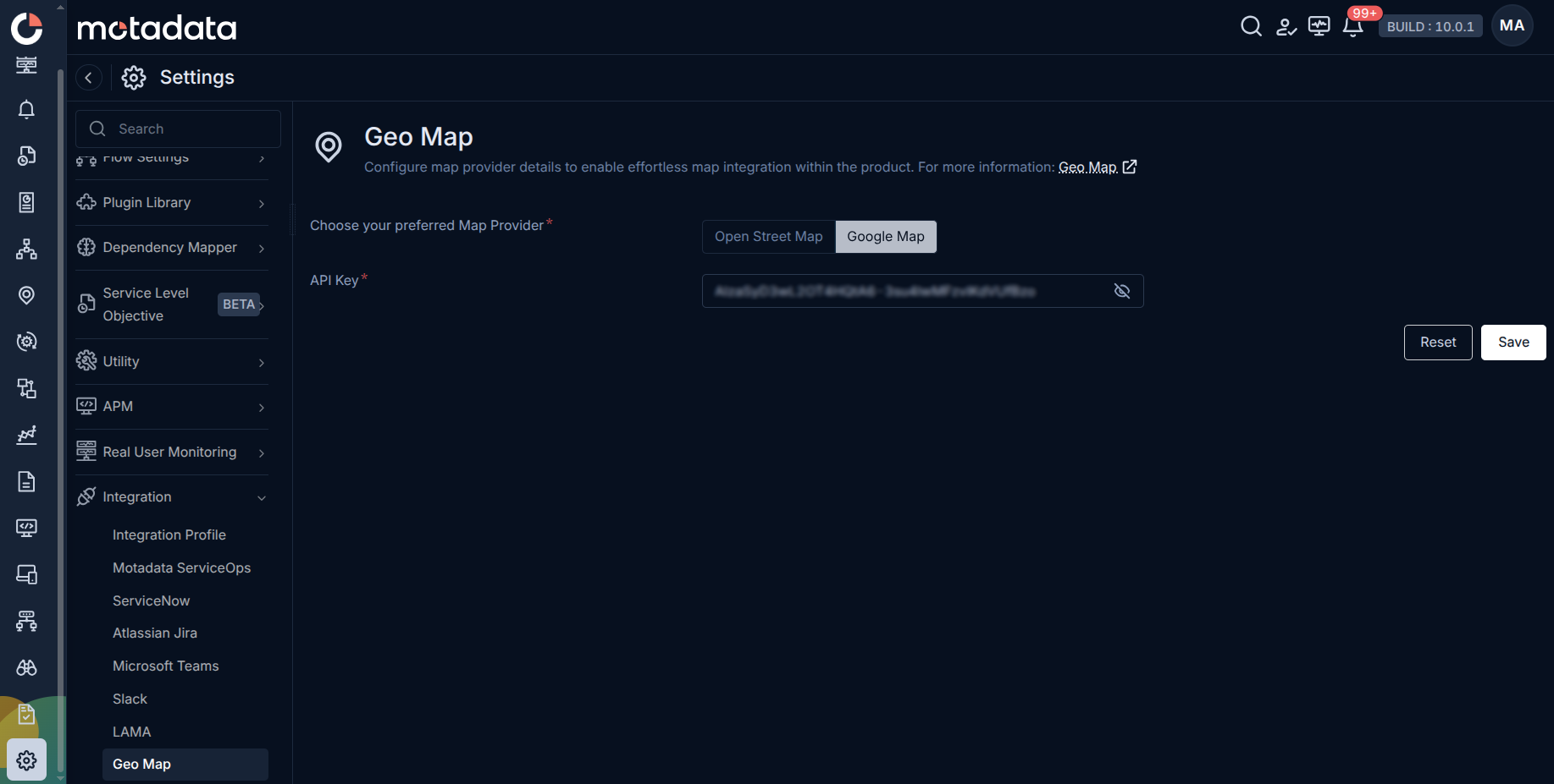 Motadata Settings Geo Map – Google Map provider