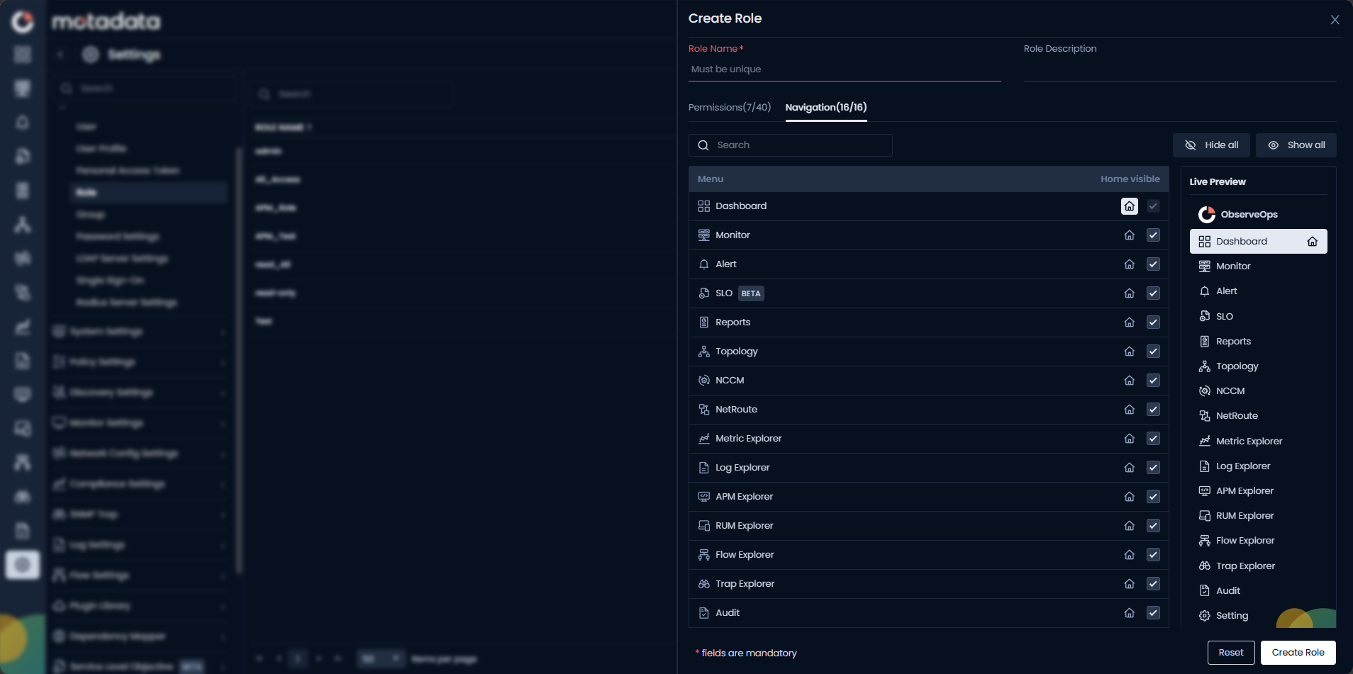 Navigation tab showing module list with Home and Visible controls, and Live Preview panel