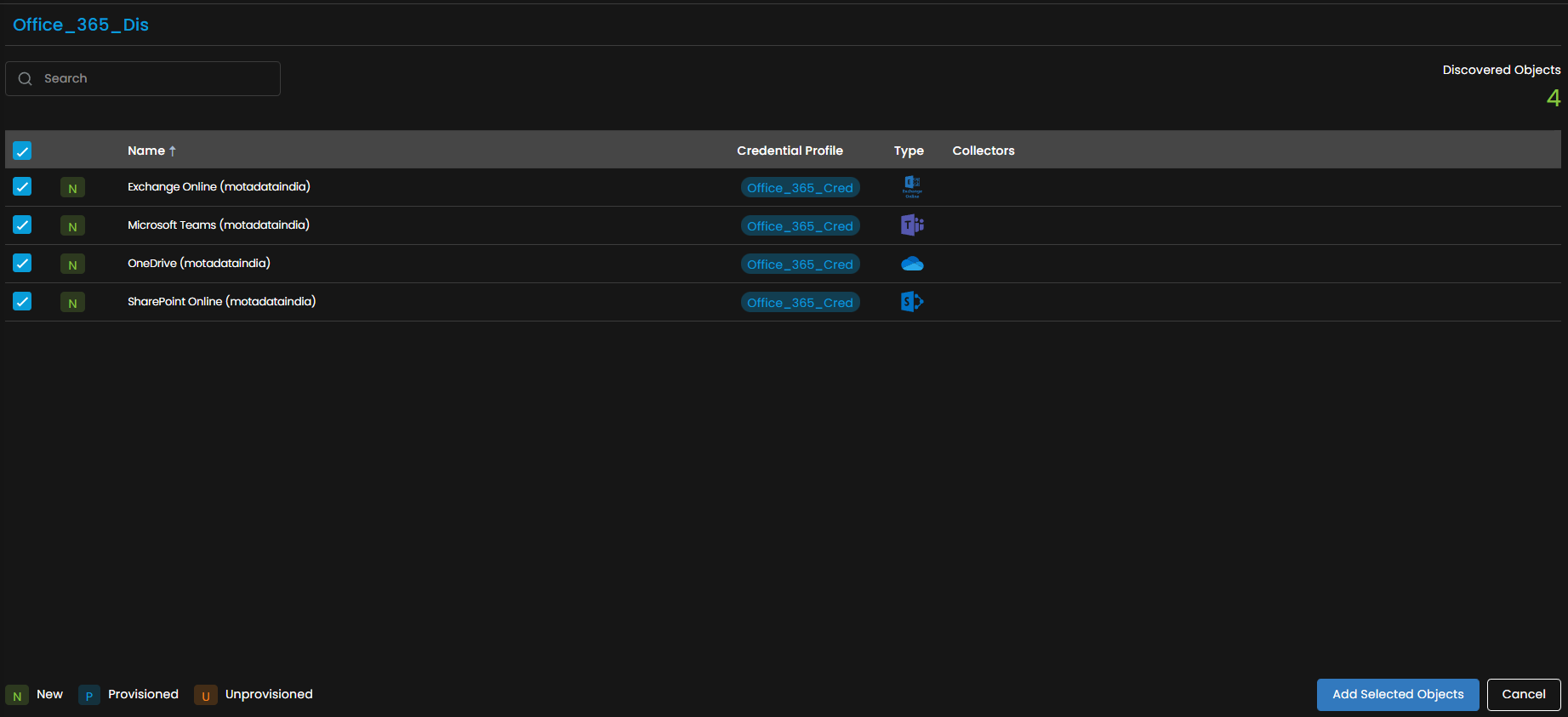 Provisioning screen showing discovered Office 365 resources with checkboxes to select