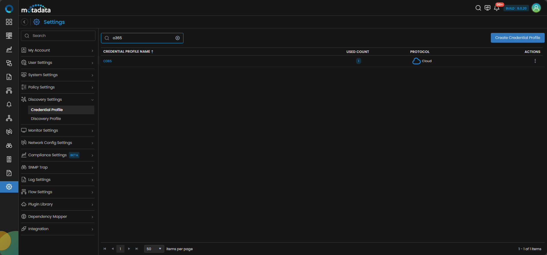 Credential Profile list showing the newly created Office 365 Cloud profile