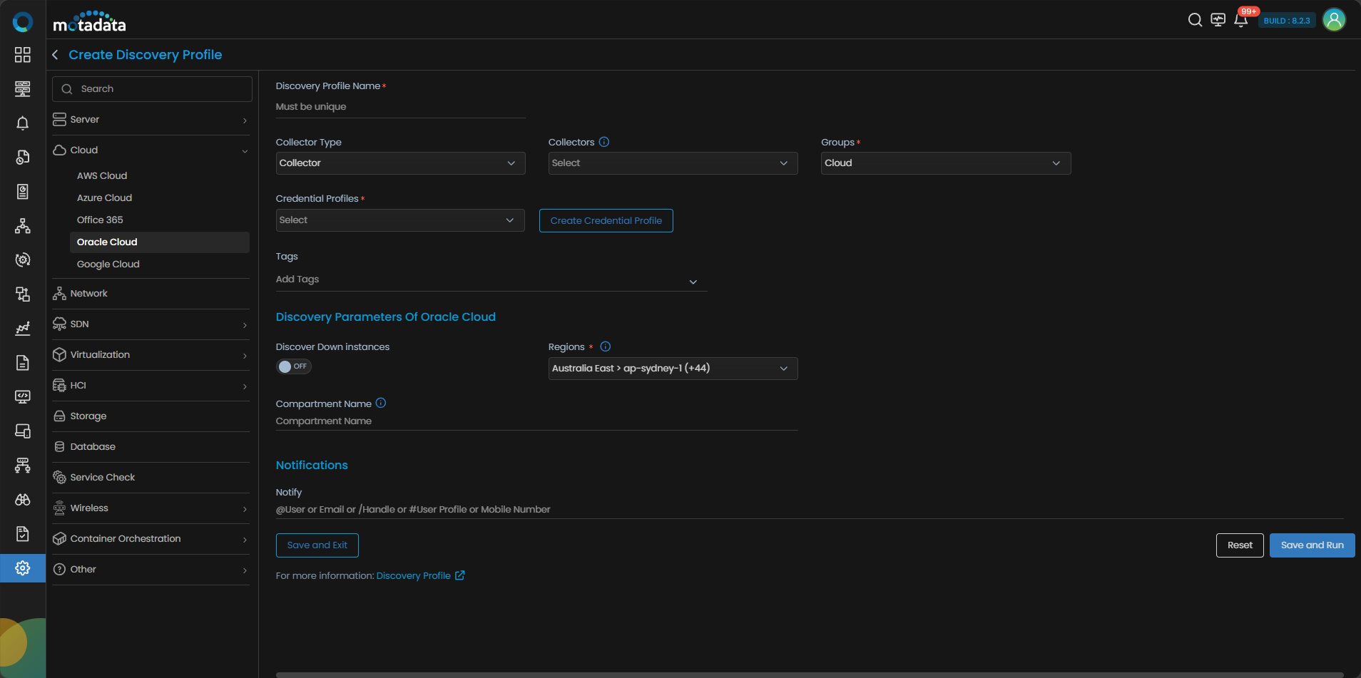 Discovery Profile form with Cloud category and Oracle Cloud selected