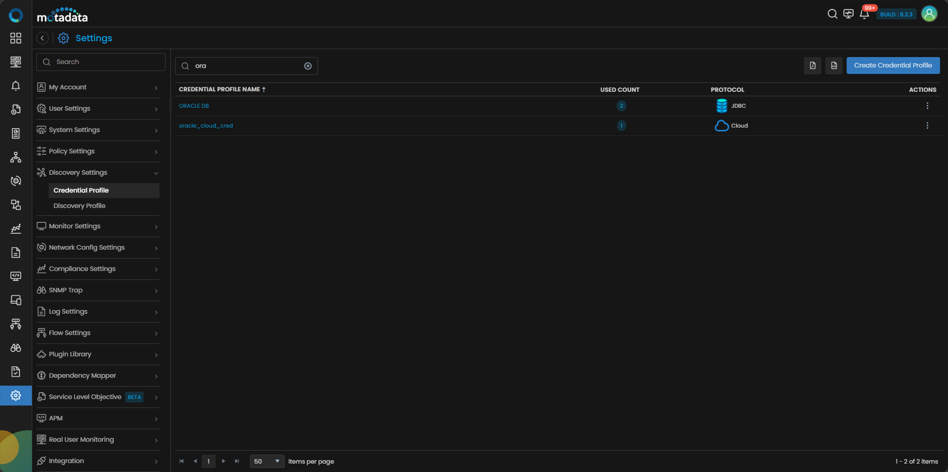 Credential Profile list showing the newly created Oracle Cloud profile