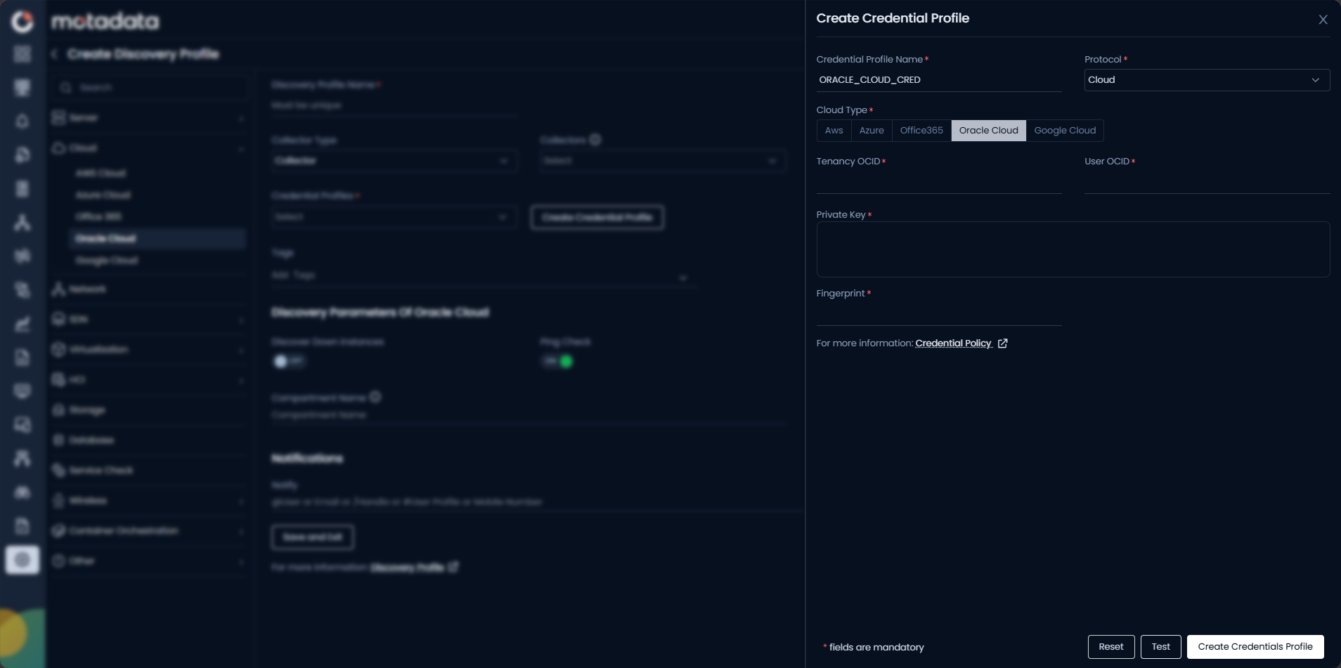 Create Credential Profile form with Cloud protocol and Oracle Cloud selected