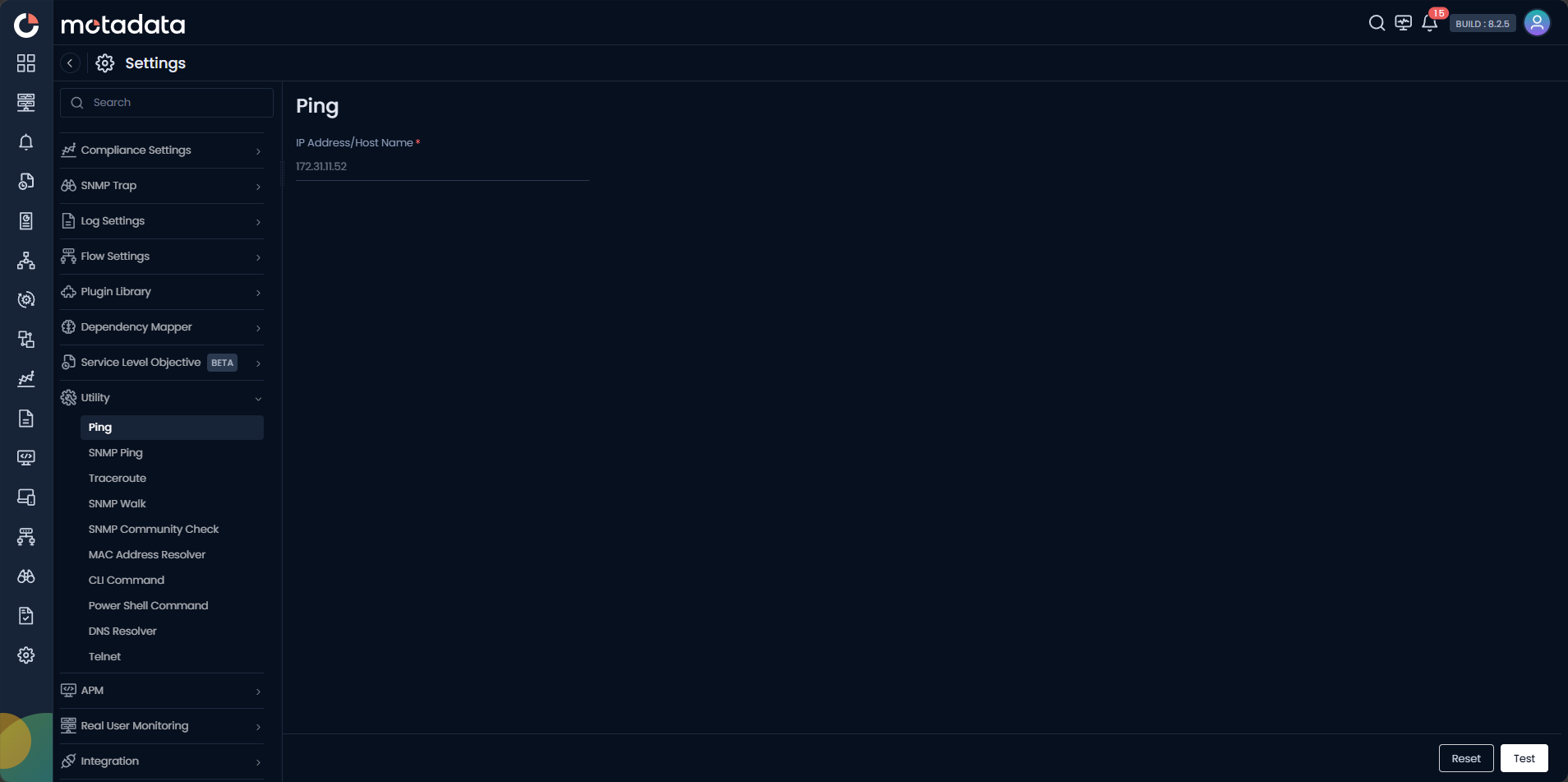 Ping screen showing the IP Address/Host Name input field