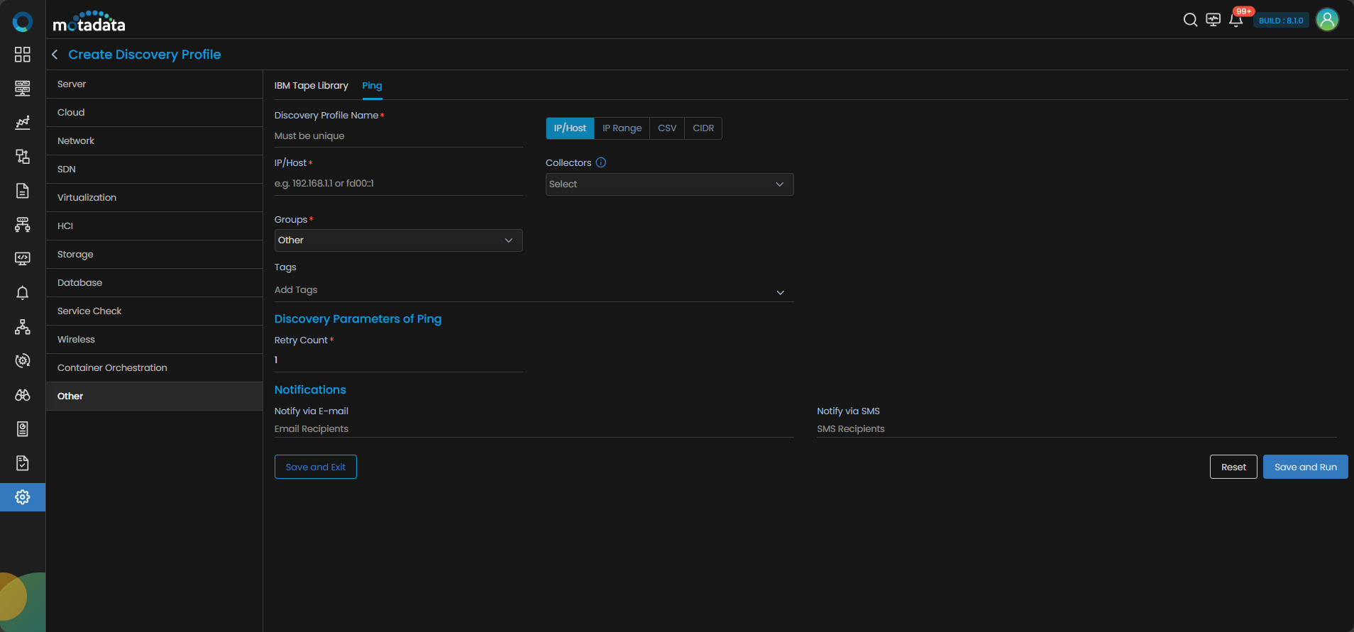 Ping discovery type selection screen