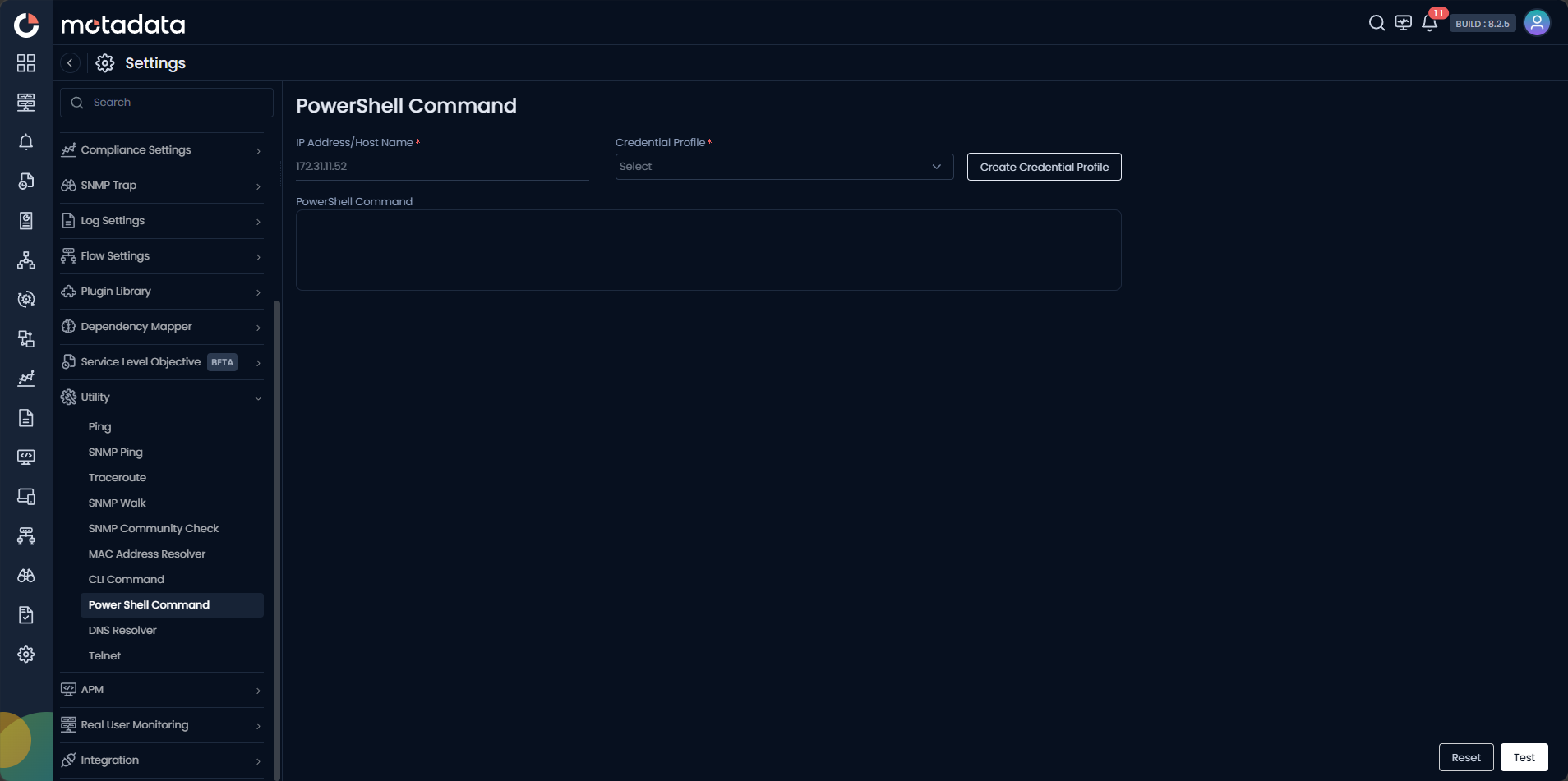 PowerShell Command screen showing IP Address/Host Name, Credential Profile, and PowerShell Command text area