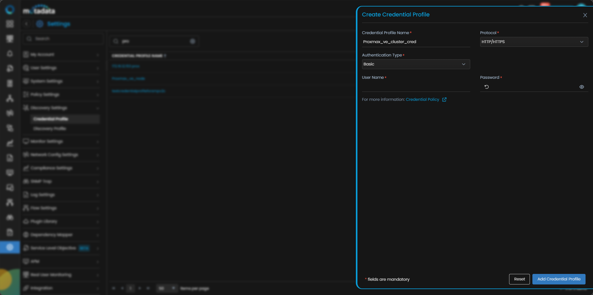 Create Credential Profile form with HTTP/HTTPS protocol selected for Proxmox VE Cluster