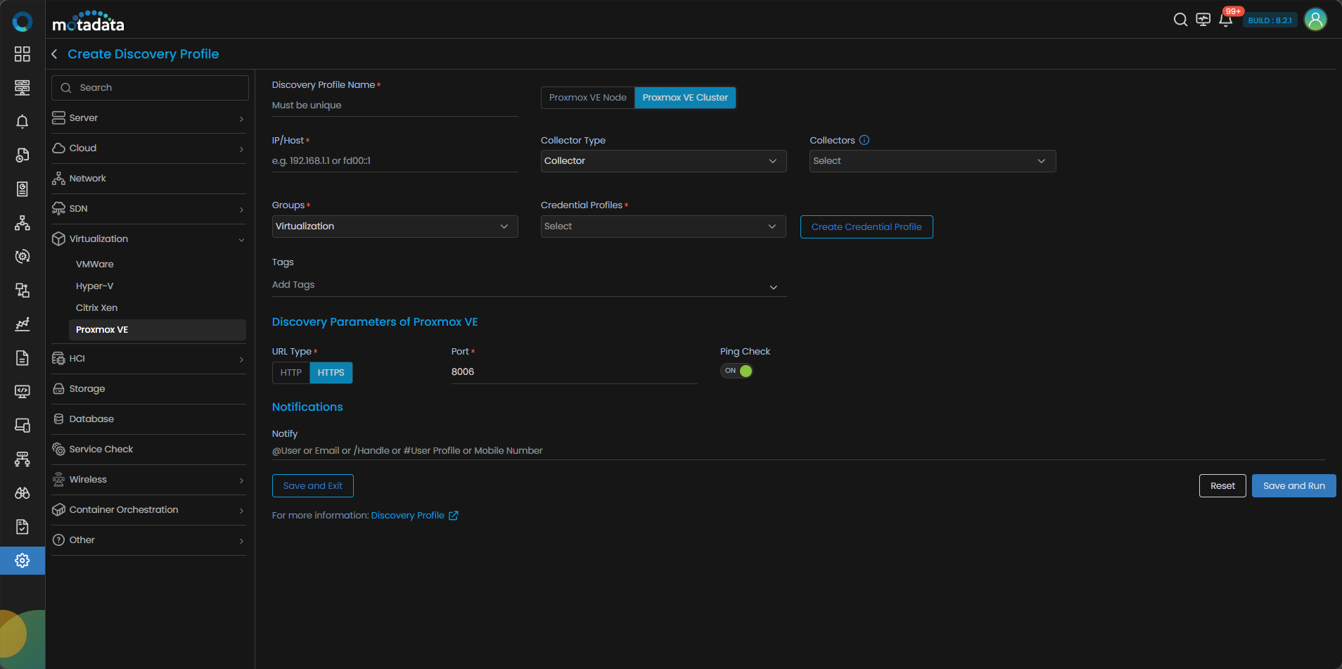 Discovery Profile form with Proxmox VE Cluster discovery fields visible