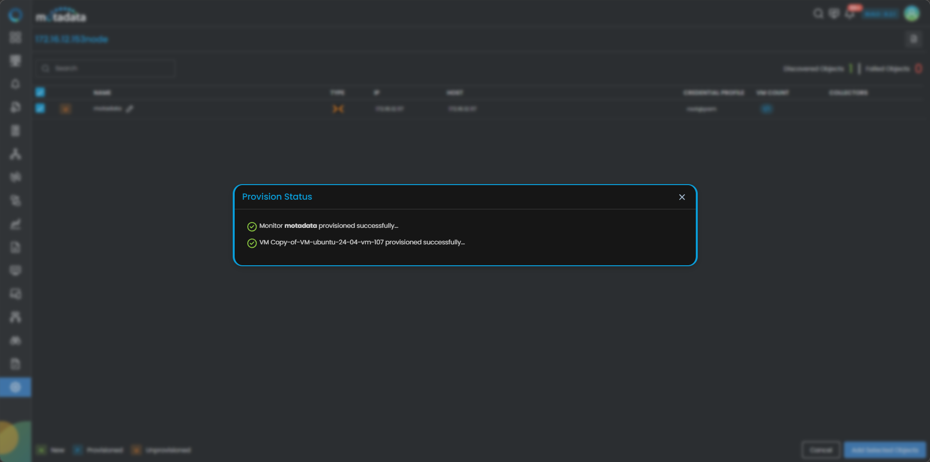 Provisioning screen showing discovered Proxmox VE Node devices with checkboxes