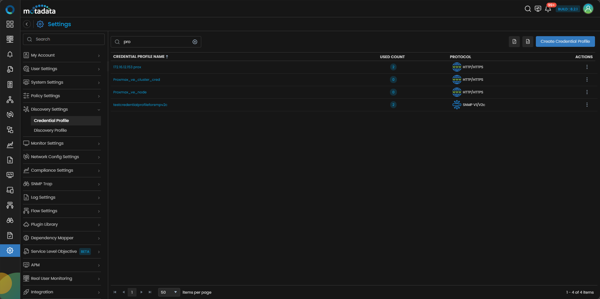 Credential Profile list showing the newly created Proxmox VE Cluster profile