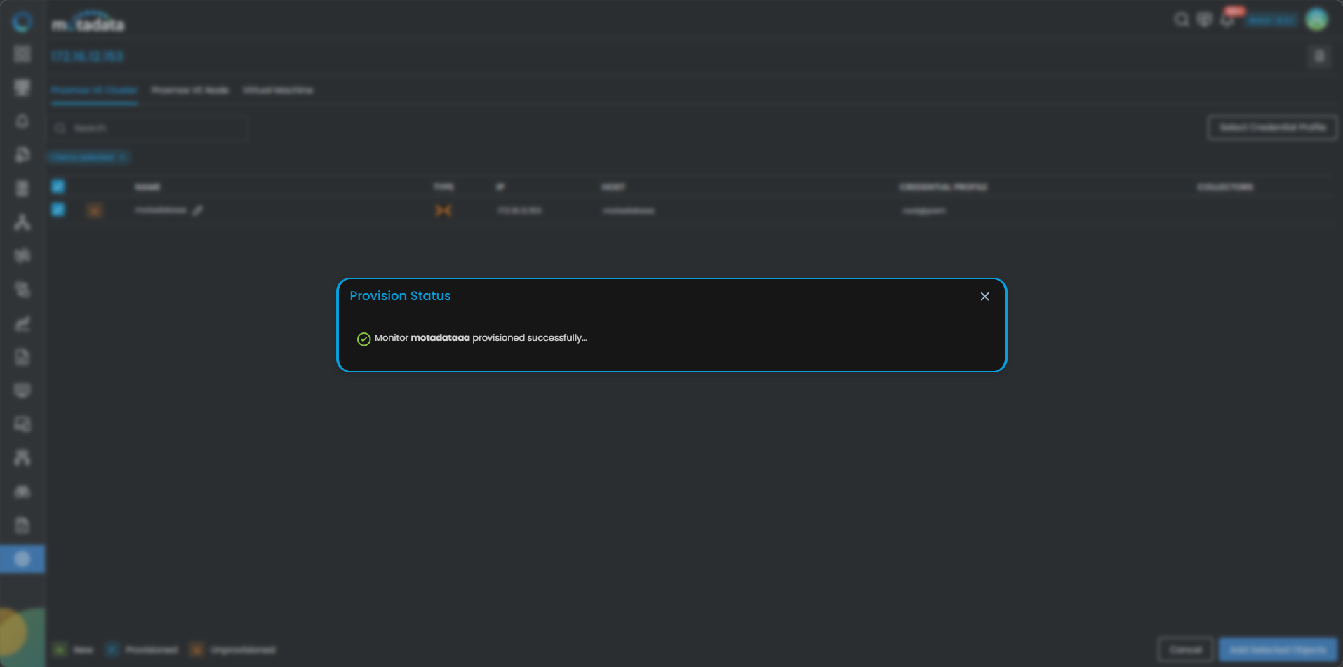 Provisioning screen showing Proxmox VE Cluster components across three tabs