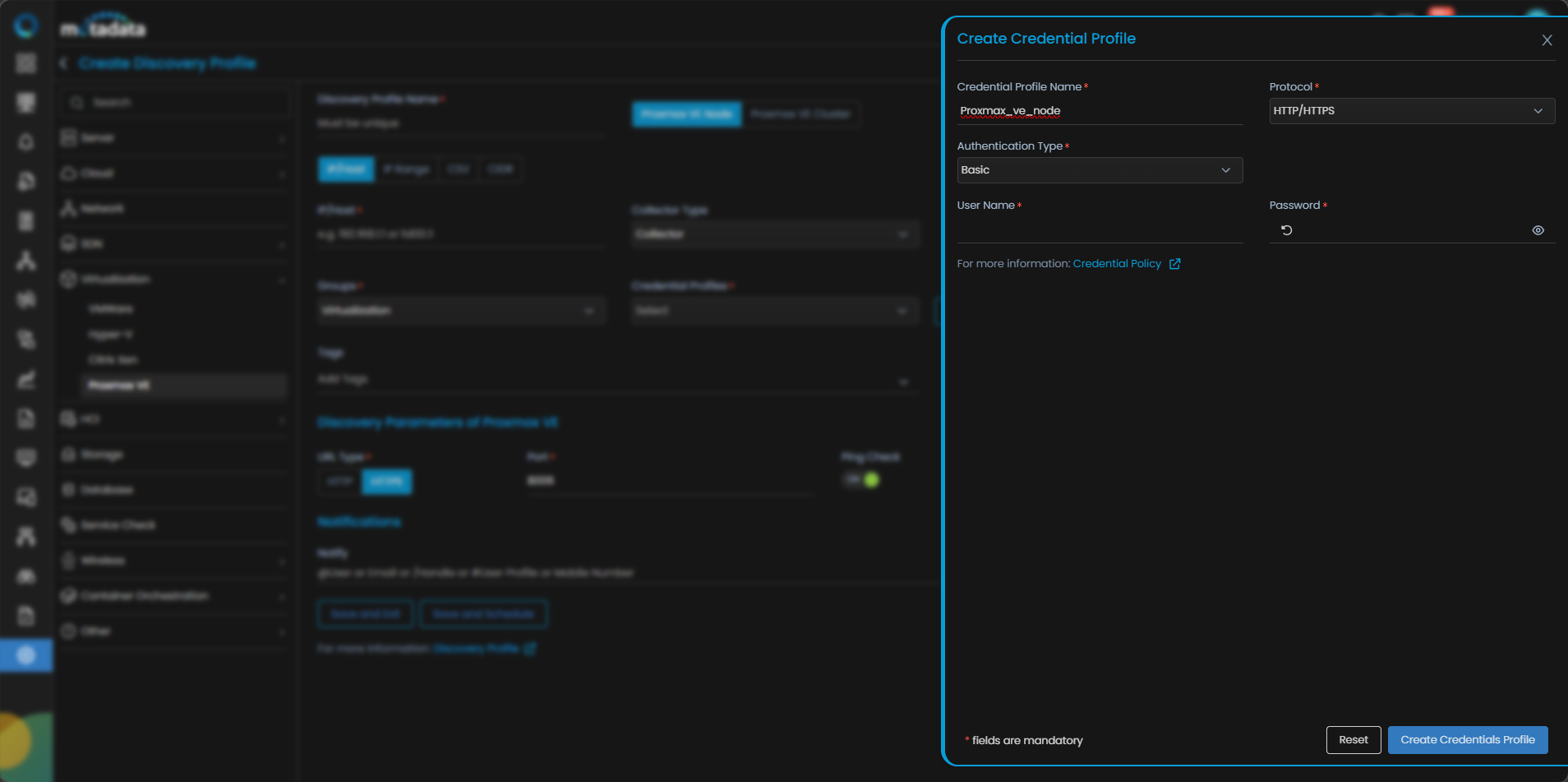 Create Credential Profile form with HTTP/HTTPS protocol selected for Proxmox VE Node