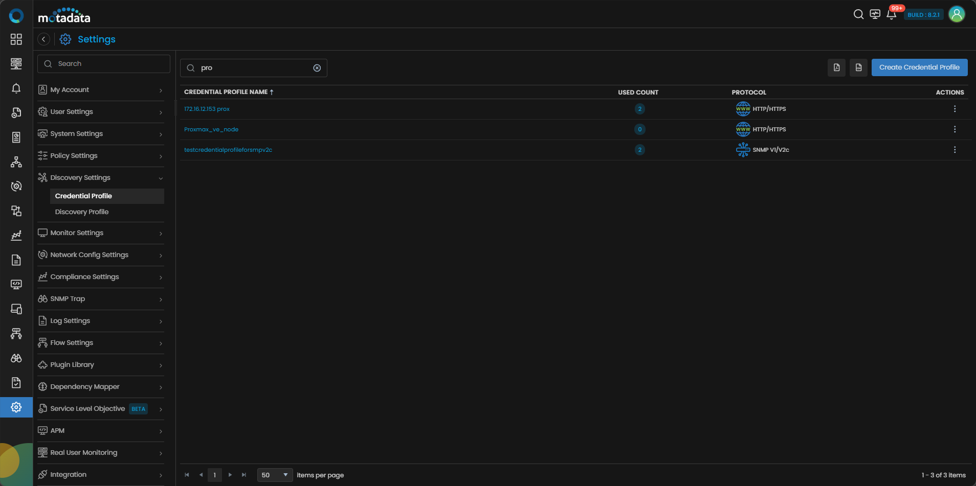 Credential Profile list showing the newly created Proxmox VE Node profile
