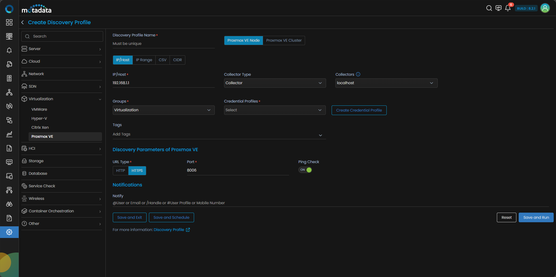 Discovery Profile form with Proxmox VE Node discovery fields visible