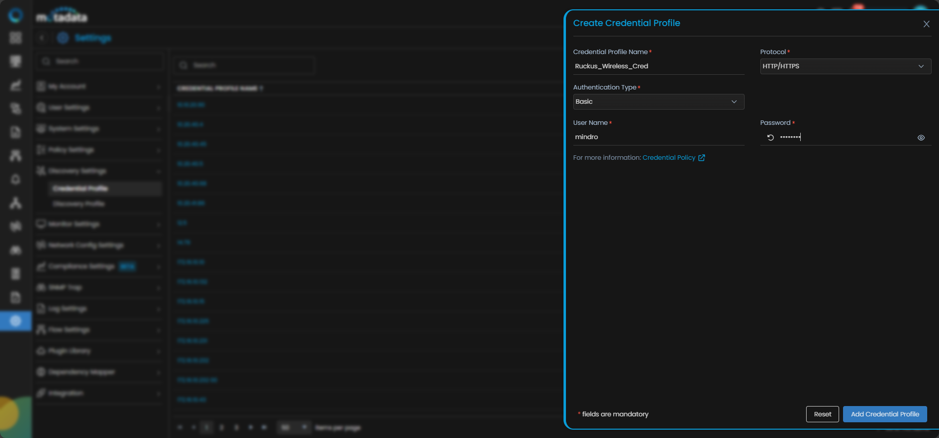 Create Credential Profile form with HTTP/HTTPS protocol selected for Ruckus Wireless