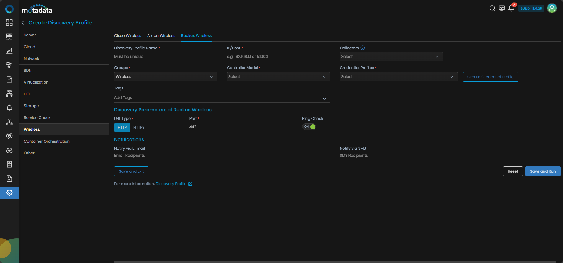 Discovery Profile form with Ruckus Wireless discovery fields visible