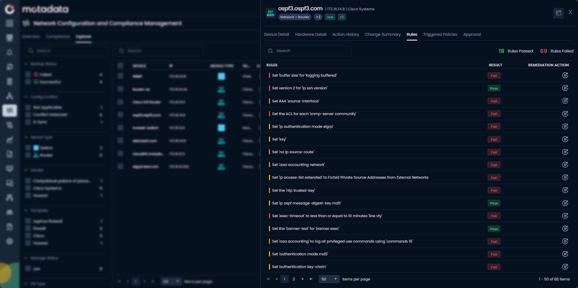 Rules tab showing a list of compliance rules with their Pass or Fail result and available Remediation Action for the selected NCCM device